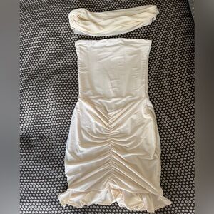 Meshki Mini Dress — Caspian Slinky And Mesh Off Shoulder Mini Dress - Ivory